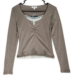 Pink Rose Mocha Long-Sleeved Crop Tee White Lacy Accents Women's Size M NWT